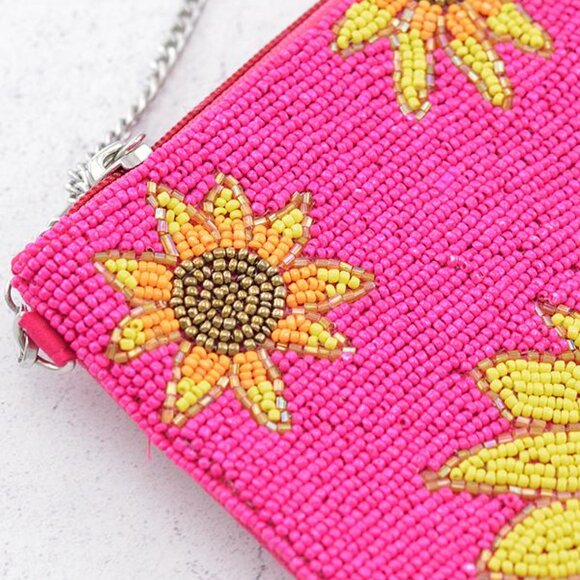 Seed Bead Sunflower Clutch Crossbody Handbag Bag NEW Pink - Picture 2 of 3